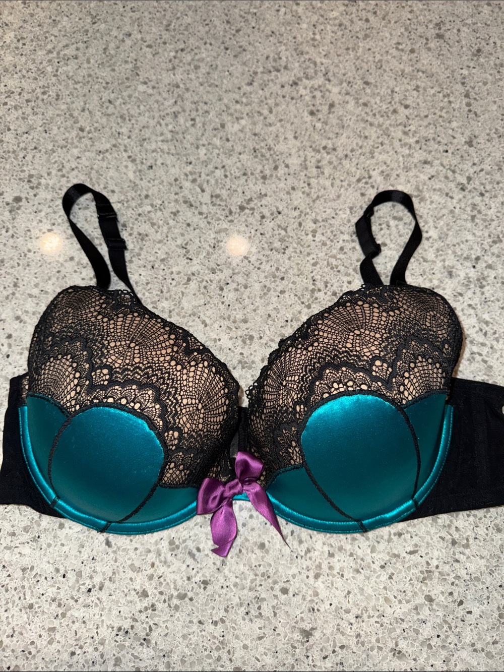 CaciqueTeal Satin & Black Lace Lightly Lined Bra with Purple Bow